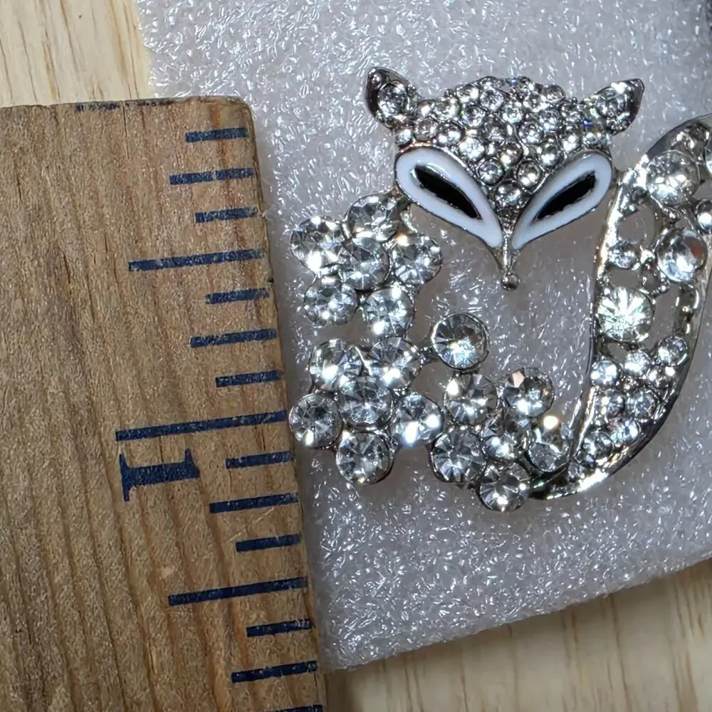 Rhinestone Fox Brooch Silver Tone Crystal Enamel Woodland Animal Pin 2